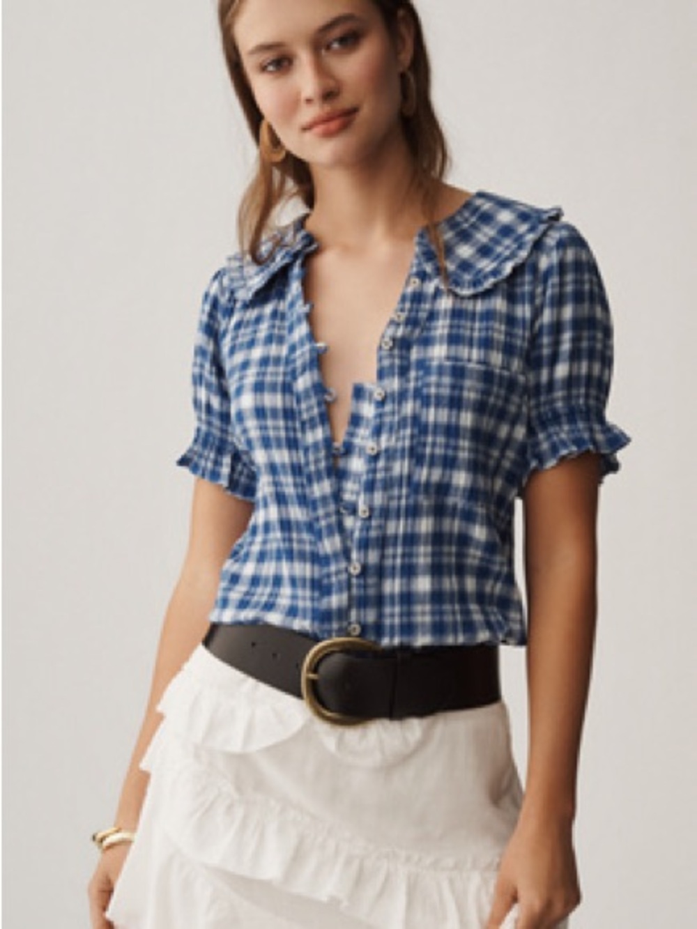 Pilcro Blue Plaid Short-Sleeve Button Down Top